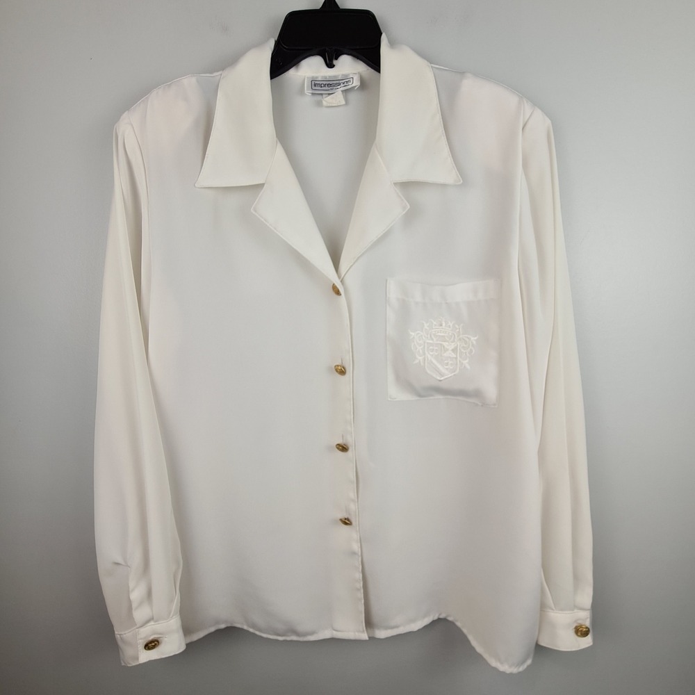 Impressions of California White Long Sleeve Crest Button Down Blouse Size 14 VTG